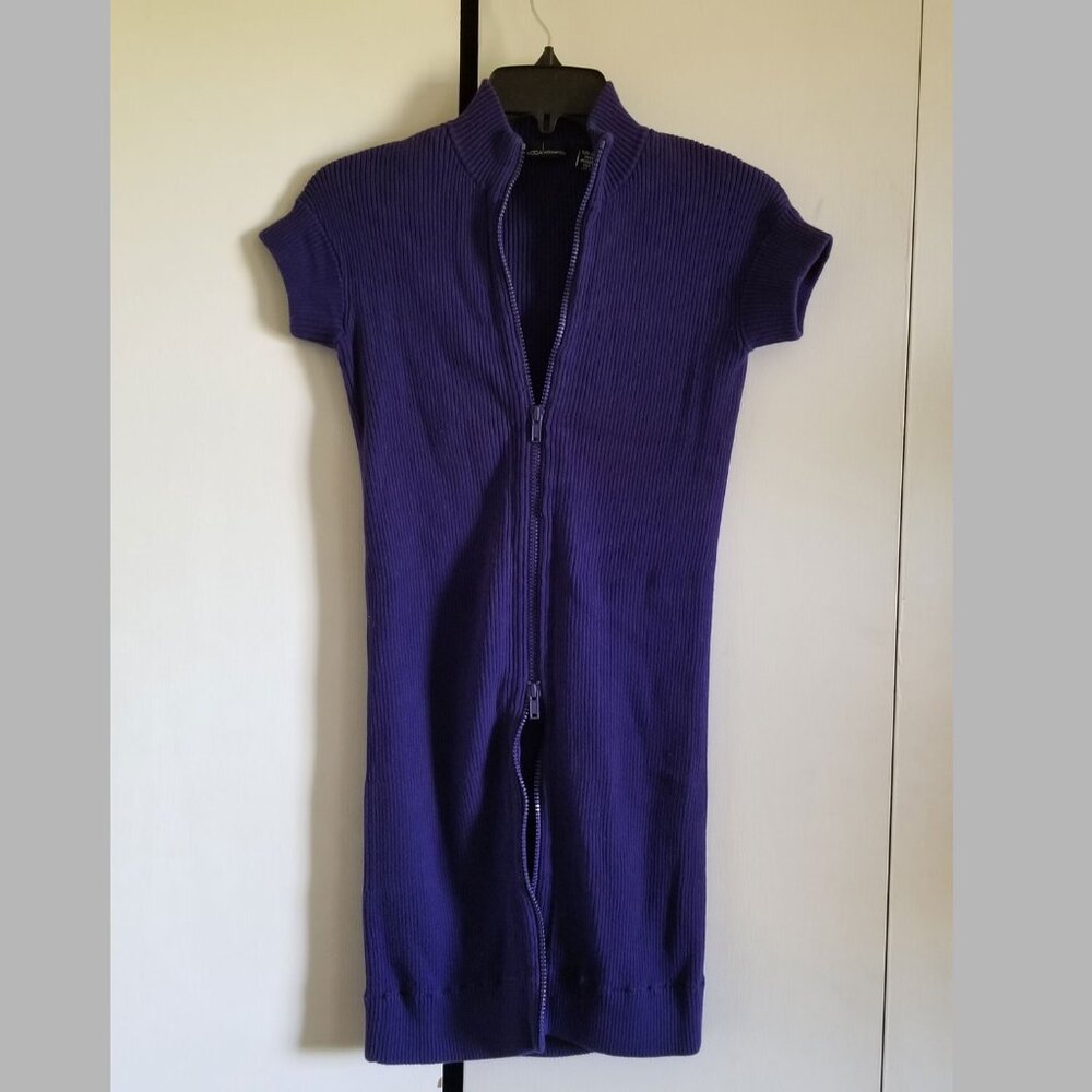 Ink Blue Ribbed Short-Sleeve Sweater Top with Zipper Closure